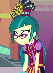 Size: 780x1077 | Tagged: safe, screencap, juniper montage, equestria girls, g4, mirror magic, apron, bauble, cash register, cinema, clothes, cropped, female, glasses, hair tie, hat, mirror, pigtails, poofy shoulders, shirt, skirt, solo, standing, twintails, uniform