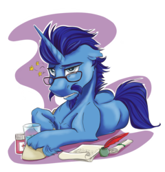 Size: 2880x3000 | Tagged: safe, artist:firimil, oc, oc only, oc:steel resolve, pony, glass, glasses, headache, high res, inkwell, pain star, parchment, quill, simple background, solo, transparent background
