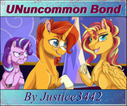 Size: 3042x2548 | Tagged: safe, artist:firimil, starlight glimmer, sunburst, sunset shimmer, alicorn, pony, g4, alicornified, description is relevant, do i look angry, faic, fanfic, fanfic art, fanfic cover, high res, meme, race swap, rage face, shimmercorn, starlight glimmer is not amused, unamused