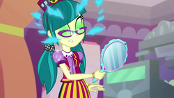 Size: 1920x1080 | Tagged: safe, screencap, juniper montage, equestria girls, equestria girls specials, g4, mirror magic, apron, bauble, bracelet, cash register, cinema, clothes, corrupted, dark magic, female, glasses, glowing eyes, hair tie, hat, jewelry, magic, magic mirror, mirror, pigtails, poofy shoulders, shirt, skirt, solo, standing, twintails, uniform, vest