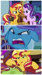 Size: 934x1664 | Tagged: safe, edited screencap, screencap, starlight glimmer, sunset shimmer, trixie, pony, unicorn, equestria girls, equestria girls specials, g4, mirror magic, to where and back again, angry, book, comic, cutie mark, dazed, discovery family logo, female, floppy ears, horn, jealous, mare, mawshot, meme, mirror portal, nightcap, open mouth, outdoors, rage, rage face, raised hoof, saddle bag, screencap comic, shitposting, smiling, standing, trixie's nightcap, trixie's wagon, twilight's castle, upset, uvula, violence