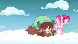 Size: 1920x1080 | Tagged: safe, screencap, bifröst, yona, pegasus, pony, yak, g4, school raze, annoyed, background pony, bow, cloud, cloven hooves, cutie mark, duo, female, friendship student, hair bow, holding hooves, holding leg, hooves, leg hold, mare, on a cloud, solo, spread wings, standing on a cloud, tail wrap, unamused, wings