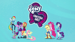 Size: 1920x1080 | Tagged: safe, screencap, applejack, fluttershy, pinkie pie, rainbow dash, rarity, sci-twi, spike, spike the regular dog, sunset shimmer, twilight sparkle, dog, equestria girls, g4, my little pony equestria girls: better together, clothes, converse, equestria girls logo, geode of empathy, geode of fauna, geode of shielding, geode of super speed, geode of super strength, geode of telekinesis, humane five, humane seven, humane six, intro, logo, magical geodes, pantyhose, photo, ponied up, sci-twilicorn, shoes, sneakers, wings