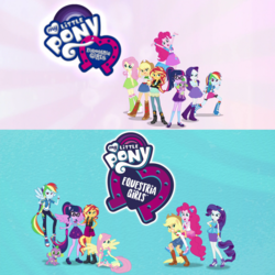Size: 1920x1920 | Tagged: safe, screencap, applejack, fluttershy, pinkie pie, rainbow dash, rarity, sci-twi, spike, spike the regular dog, sunset shimmer, twilight sparkle, alicorn, dog, equestria girls, equestria girls specials, g4, my little pony equestria girls: better together, my little pony equestria girls: summertime shorts, boots, clothes, comparison, converse, cowboy hat, denim skirt, equestria girls logo, geode of fauna, geode of shielding, geode of sugar bombs, geode of super speed, geode of super strength, geode of telekinesis, hat, humane five, humane seven, humane six, intro, jeans, logo, magical geodes, my little pony logo, pants, ponied up, sci-twilicorn, shirt, shoes, skirt, sneakers, stetson, t-shirt, twilight sparkle (alicorn), vest