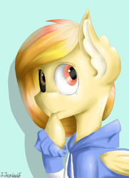 Size: 595x822 | Tagged: safe, oc, oc only, pegasus, pony, blue background, clothes, cute, hoodie, original character do not steal, request, simple background, yellow