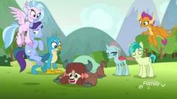 Size: 1920x1080 | Tagged: safe, screencap, gallus, november rain, ocellus, sandbar, silverstream, smolder, yona, changedling, changeling, classical hippogriff, dragon, earth pony, griffon, hippogriff, pony, unicorn, yak, g4, school raze, bow, cloven hooves, colored hooves, dragoness, female, flying, friendship student, hair bow, jewelry, male, monkey swings, necklace, stallion, student six, teenager