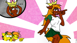 Size: 5760x3240 | Tagged: safe, artist:in3ds2, oc, oc only, anthro, ..., anthro transformation, heart, meme, rule 63, sausage fingers, sunburst background, super crown, toadette, transformation, transgender transformation