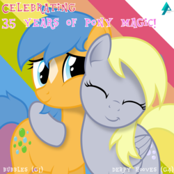 Size: 2460x2460 | Tagged: safe, artist:arifproject, bubbles (g1), derpy hooves, g4, 35th anniversary, coat markings, cute, facial markings, high res, hug, simple background, smiling, star (coat marking), text, vector