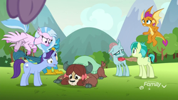 Size: 1920x1080 | Tagged: safe, screencap, gallus, november rain, ocellus, sandbar, silverstream, smolder, yona, changedling, changeling, classical hippogriff, dragon, earth pony, griffon, hippogriff, pony, unicorn, yak, g4, school raze, bow, cloven hooves, colored hooves, dragoness, female, flying, friendship student, hair bow, jewelry, kissing, male, monkey swings, necklace, stallion, student six, teenager