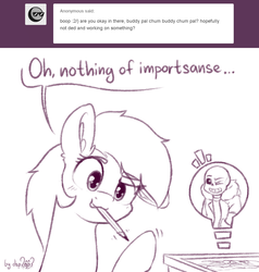 Size: 1330x1396 | Tagged: safe, artist:dsp2003, oc, oc:meadow stargazer, earth pony, pony, ask, bad pun, blushing, bone, comic, cute, female, looking at you, mare, mouth hold, one eye closed, pencil, pun, sans (undertale), simple background, single panel, skeleton, sketch, tumblr, undertale, white background, wink