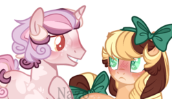 Size: 1222x708 | Tagged: safe, artist:vintage-owll, oc, oc only, oc:apple shy, earth pony, pony, unicorn, base used, blushing, bow, female, hair bow, heart eyes, male, mare, offspring, parent:applejack, parent:caramel, parents:carajack, simple background, stallion, tail bow, transparent background, watermark, wingding eyes