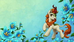 Size: 1920x1080 | Tagged: safe, artist:1jaz, autumn blaze, kirin, g4, sounds of silence, blue background, card, cloven hooves, colored hooves, female, flower, foal's breath, raised hoof, simple background, solo