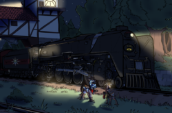 Size: 1280x846 | Tagged: safe, artist:cantershirecommons, oc, oc only, oc:sorren, deer, pegasus, pony, antlers, building, candle, clothes, colored, grass, hat, lantern, locomotive, night, railroad, spotlight, toolbelt, train, tree, wing hands, wings