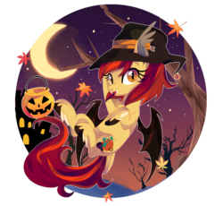 Size: 1600x1473 | Tagged: safe, artist:spookyle, oc, oc only, oc:pumpkin spell, bat pony, hybrid, bat pony oc, female, halloween, hat, holiday, leaves, mare, night, simple background, smiling, solo, tail feathers, transparent background, tree, witch hat