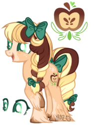 Size: 712x944 | Tagged: safe, artist:vintage-owll, oc, oc only, oc:apple shy, earth pony, pony, base used, bow, female, hair bow, mare, offspring, parent:applejack, parent:caramel, parents:carajack, reference sheet, simple background, solo, tail bow, transparent background, unshorn fetlocks, watermark