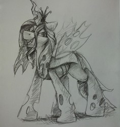 Size: 1280x1358 | Tagged: safe, artist:enderselyatdark, queen chrysalis, changeling, changeling queen, rcf community, g4, crown, female, horn, jewelry, monochrome, regalia, sketch, solo, traditional art, wings