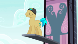 Size: 1440x809 | Tagged: safe, screencap, summer sandcastle, earth pony, pony, g4, leap of faith, background pony, eyes closed, hat, male, solo, springboard, stallion, swimming cap