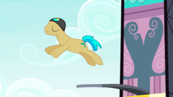 Size: 1440x809 | Tagged: safe, screencap, summer sandcastle, earth pony, pony, g4, leap of faith, background pony, diving, eyes closed, hat, male, solo, springboard, stallion, swimming cap
