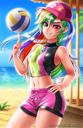 Size: 750x1160 | Tagged: safe, artist:racoonsan, rainbow dash, human, equestria girls, equestria girls series, forgotten friendship, adorasexy, anime, armpits, beach, belly button, board shorts, breasts, clothes, cute, dashabetes, delicious flat chest, equestria girls outfit, female, fit, hand on hip, hat, humanized, looking at you, midriff, rainbow flat, sexy, shorts, small breasts, solo, sports, sports bra, swimsuit, thighs, volleyball