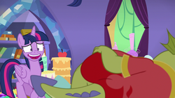 Size: 1280x720 | Tagged: safe, screencap, sludge (g4), twilight sparkle, alicorn, dragon, pony, father knows beast, g4, cake, food, out of context, sexual harassment, twilight sparkle (alicorn)