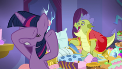 Size: 1280x720 | Tagged: safe, screencap, sludge (g4), twilight sparkle, alicorn, dragon, pony, father knows beast, g4, apple, bed, cake, food, out of context, pillow, twilight sparkle (alicorn), we don't normally wear clothes