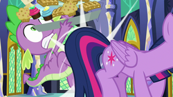 Size: 1280x720 | Tagged: safe, screencap, spike, twilight sparkle, alicorn, dragon, pony, father knows beast, g4, cupcake, cutie mark, food, muffin, twilight sparkle (alicorn), winged spike, wings