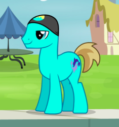 Size: 414x440 | Tagged: safe, screencap, bottled water (g4), earth pony, pony, g4, leap of faith, background pony, cropped, hat, male, solo, stallion, swimming cap