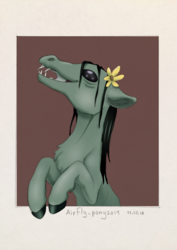 Size: 1280x1811 | Tagged: dead source, safe, artist:airfly-pony, oc, oc only, oc:algebra, pony, rcf community, black sclera, female, flower, flower in hair, smiling, solo