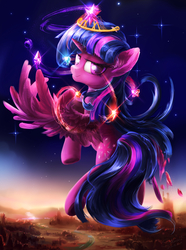 Size: 4500x6060 | Tagged: safe, artist:coldrivez, twilight sparkle, alicorn, pony, g4, absurd resolution, element of generosity, element of honesty, element of kindness, element of laughter, element of loyalty, element of magic, elements of harmony, female, flying, looking at you, looking back, smiling, solo, twilight sparkle (alicorn)