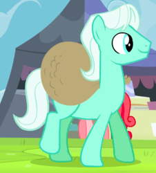Size: 479x529 | Tagged: safe, screencap, ice breaker, posey petals, earth pony, pony, g4, trade ya!, background pony, bag, cropped, female, male, male focus, mare, outdoors, raised leg, smiling, solo, solo focus, stallion
