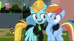 Size: 1077x606 | Tagged: safe, screencap, lightning dust, rainbow dash, g4, the washouts (episode), cheek to cheek, clothes, discovery family logo, duo, hoof around neck, uniform, washouts uniform