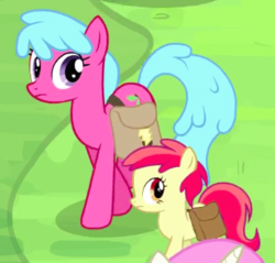 Size: 310x296 | Tagged: safe, screencap, iced berry, liberty belle, twinkleshine, earth pony, pony, unicorn, g4, trade ya!, alternate hair color, background pony, cropped, duo focus, female, filly, foal, mare, offscreen character, recolor, saddle bag