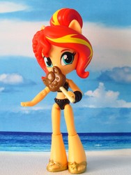 Size: 1530x2040 | Tagged: safe, artist:whatthehell!?, sunset shimmer, equestria girls, g4, beach, candy, clothes, doll, equestria girls minis, food, irl, lollipop, merchandise, photo, ponied up, sandals, swimsuit, toy
