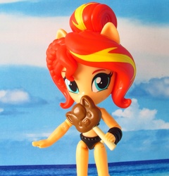 Size: 1620x1685 | Tagged: safe, artist:whatthehell!?, sunset shimmer, equestria girls, g4, beach, candy, clothes, doll, equestria girls minis, food, irl, lollipop, merchandise, photo, ponied up, swimsuit, toy