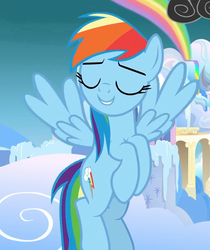 Size: 606x720 | Tagged: safe, screencap, rainbow dash, pegasus, pony, g4, school raze, cropped, eyes closed, female, mare, smiling, wings