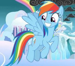 Size: 818x720 | Tagged: safe, screencap, rainbow dash, pegasus, pony, g4, school raze, adorkable, cloudsdale, cropped, cute, cutie mark, dashabetes, dork, female, mare, smiling, solo, wings