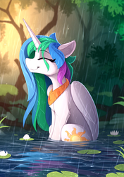 Size: 1615x2300 | Tagged: safe, artist:yakovlev-vad, princess celestia, alicorn, pony, g4, basking in the rain, bath, bathing, chest fluff, cute, cutelestia, ear fluff, eye clipping through hair, eyelashes, eyes closed, female, forest, happy, heart, horn, lilypad, mare, missing accessory, outdoors, peytral, pond, rain, scenery, sitting, slender, smiling, solo, thin, water, waterlily, wet, wet mane, wings