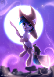 Size: 2894x4093 | Tagged: safe, artist:loonya, oc, oc only, oc:ice energy, pegasus, pony, broom, femboy, flying, flying broomstick, halloween, hat, holiday, male, moon, night, nightmare night, solo, tongue out, witch, witch hat, ych result