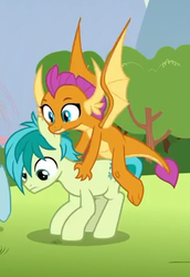 Size: 316x459 | Tagged: safe, screencap, sandbar, smolder, dragon, earth pony, pony, g4, school raze, cropped, cutie mark, dragoness, female, male, out of context, smiling, tail, teenager, wings