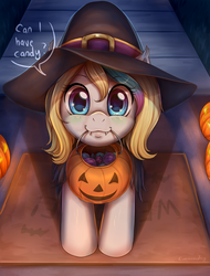 Size: 1900x2500 | Tagged: safe, artist:evomanaphy, oc, oc only, oc:veleya, pony, blushing, cute, dialogue, doorstep, evomanaphy is trying to murder us, fangs, female, filly, halloween, halloween costume, hat, holiday, jack-o-lantern, looking at you, ocbetes, offspring, parent:oc:arus, parent:oc:hazy, parents:harus, parents:oc x oc, patreon, patreon reward, pumpkin, pumpkin bucket, solo, speech bubble, trick or treat