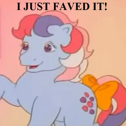 Size: 504x504 | Tagged: safe, edit, edited screencap, editor:korora, screencap, sweet stuff, g1, my little pony 'n friends, sweet stuff and the treasure hunt, bow, cropped, cute, happy, reaction image, sweet sweet stuff, tail bow, text