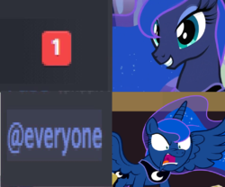 Size: 821x684 | Tagged: safe, edit, editor:childofthenight, screencap, princess luna, alicorn, pony, g4, princess twilight sparkle (episode), @everyone, angry, discord (program), female, happy, mare, meme, ping, smiling, solo, spread wings, triggered, wings