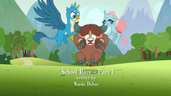 Size: 1280x720 | Tagged: safe, screencap, gallus, ocellus, yona, changedling, changeling, griffon, yak, g4, school raze, bow, cloven hooves, female, flying, hair bow, male, monkey swings, nicole dubuc, paws, wings