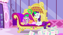 Size: 1440x810 | Tagged: safe, screencap, rarity, spike, dragon, pony, unicorn, g4, inspiration manifestation, book, carousel boutique, couch, dark magic, duo, fainting couch, female, glowing eyes, inspirarity, inspiration manifestation book, looking down, magic, male, mare, narrowed eyes, pillow, possessed, sitting, smiling, telekinesis, throw pillow