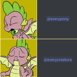 Size: 835x835 | Tagged: safe, artist:pony-berserker edits, edit, spike, dragon, g4, @everyone, comic, discord (program), drake, everycreature, everypony, eyes closed, fangs, frown, male, meme, open mouth, pointing, smiling, solo, spread wings, technically correct, tongue out, wat, winged spike, wings