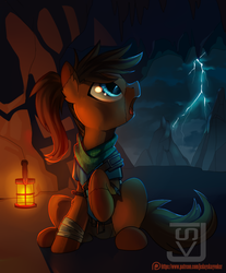 Size: 894x1080 | Tagged: safe, artist:jedayskayvoker, oc, oc only, earth pony, pony, astraphobia, clothes, commission, female, lamp, lightning, looking back, mare, open mouth, patreon, patreon logo, raised hoof, scared, sitting, solo, surprised, ych result