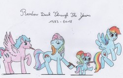 Size: 1588x1011 | Tagged: safe, artist:kuroneko, derpibooru exclusive, firefly, rainbow dash, rainbow dash (g3), earth pony, pegasus, pony, g1, g3, g3.5, g4, 35th anniversary, bow, colored pencil drawing, female, filly, foal, g1 to g4, g3 to g4, g3.5 to g4, generation leap, generational ponidox, mare, mouth hold, paintbrush, simple background, tail bow, traditional art, white background