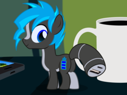 Size: 3067x2300 | Tagged: safe, artist:badumsquish, derpibooru exclusive, oc, oc only, oc:elkie.exe, booster pack pony, computer virus pony, object pony, original species, pony, blaze (coat marking), booster pack, cellphone, coat markings, coffee, coffee mug, colt, computer virus, facial markings, foal, glowing cutie mark, high res, looking back, male, mug, phone, ponified, show accurate, smiling, socks (coat markings), solo, table, tiny, tiny ponies, two toned coat, usb, usb port, usb tail, wat, when you see it