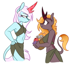 Size: 560x492 | Tagged: safe, artist:redxbacon, oc, oc only, kirin, anthro, g4, sounds of silence, anthro oc, apple, basket, blushing, clothes, female, flower, food, grapes, hand on hip, kirin oc, lesbian, looking at each other, orange, simple background, smiling, white background