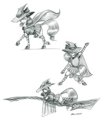 Size: 1100x1324 | Tagged: safe, artist:baron engel, apple bloom, earth pony, pony, g4, broom, clothes, female, flying, flying broomstick, grayscale, hat, mare, monochrome, older, older apple bloom, pencil drawing, simple background, sketch, smiling, socks, striped socks, traditional art, white background, witch, witch hat